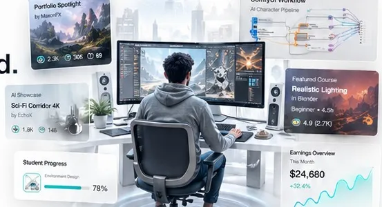 CG artist working at a multi-monitor workstation